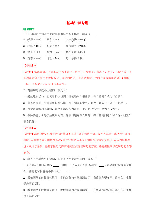 黑龙江省部分地市2018年中考语文真题精选汇编基础知识专题(含解析)