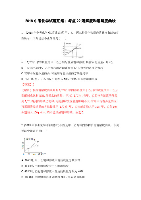 2018年全国各地中考化学试题分类汇编：考点22溶解度和溶解度曲线