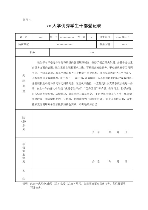 大学优秀学生干部登记表