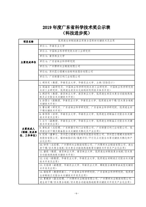 2019广东科学技术奖公示表