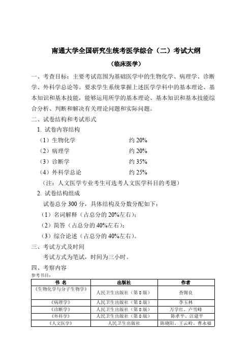 南通大学715医学综合二(临床医学)2020年考研专业课初试大纲