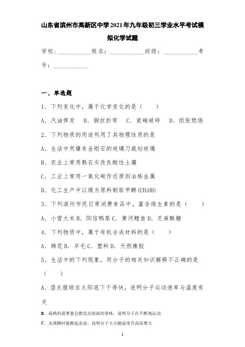 山东省滨州市高新区中学2021届九年级初三学业水平考试模拟化学试题