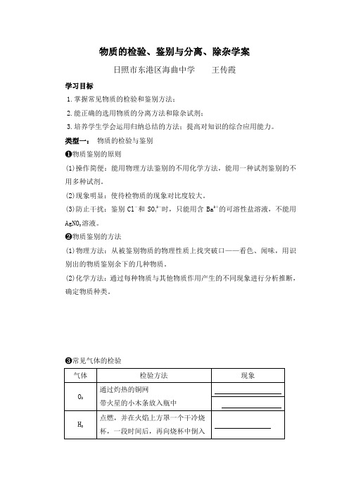 人教版初中化学 物质的检验、鉴别和分离、除杂导学案 无答案