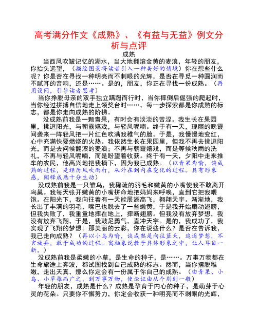 高考满分作文《成熟》、《有益与无益》例文分析与点评