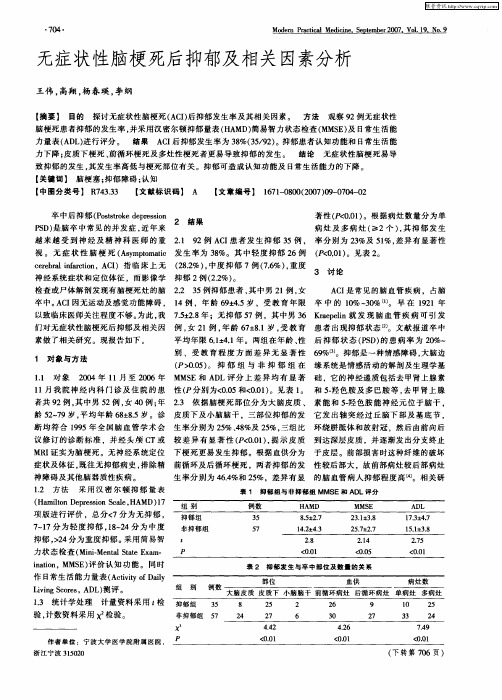 无症状性脑梗死后抑郁及相关因素分析