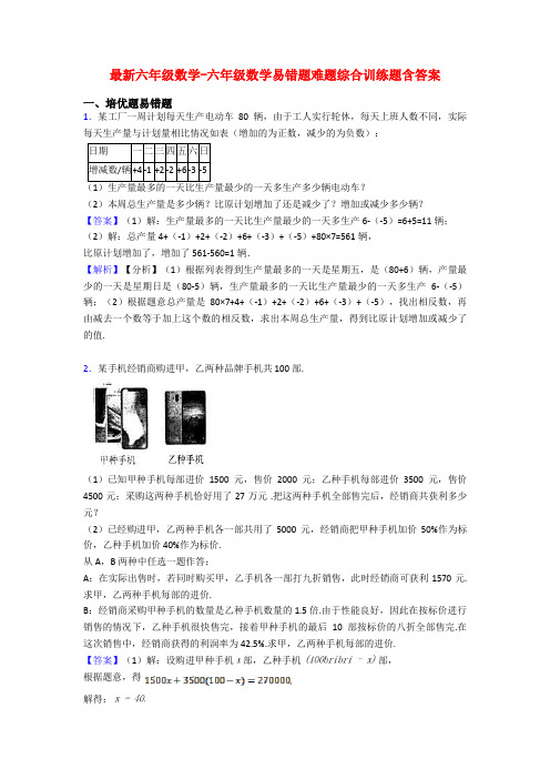 最新六年级数学-六年级数学易错题难题综合训练题含答案