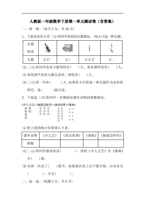 人教版一年级数学下册第一单元测试卷(含答案)