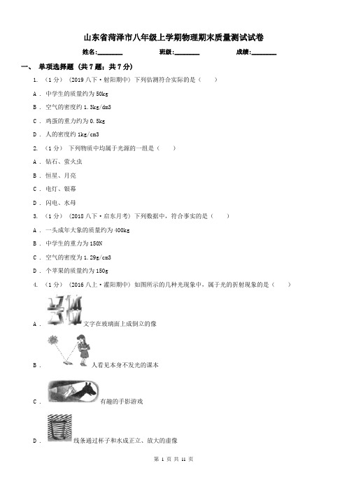 山东省菏泽市八年级上学期物理期末质量测试试卷