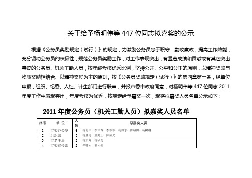 关于给予杨明伟等447位同志拟嘉奖的公示