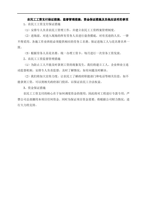 农民工工资支付保证措施、监督管理措施、资金保证措施及其他应说明的事项