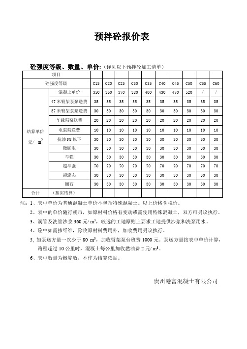 预拌砼报价表