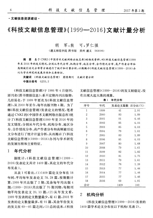 《科技文献信息管理》(1999—2016)文献计量分析