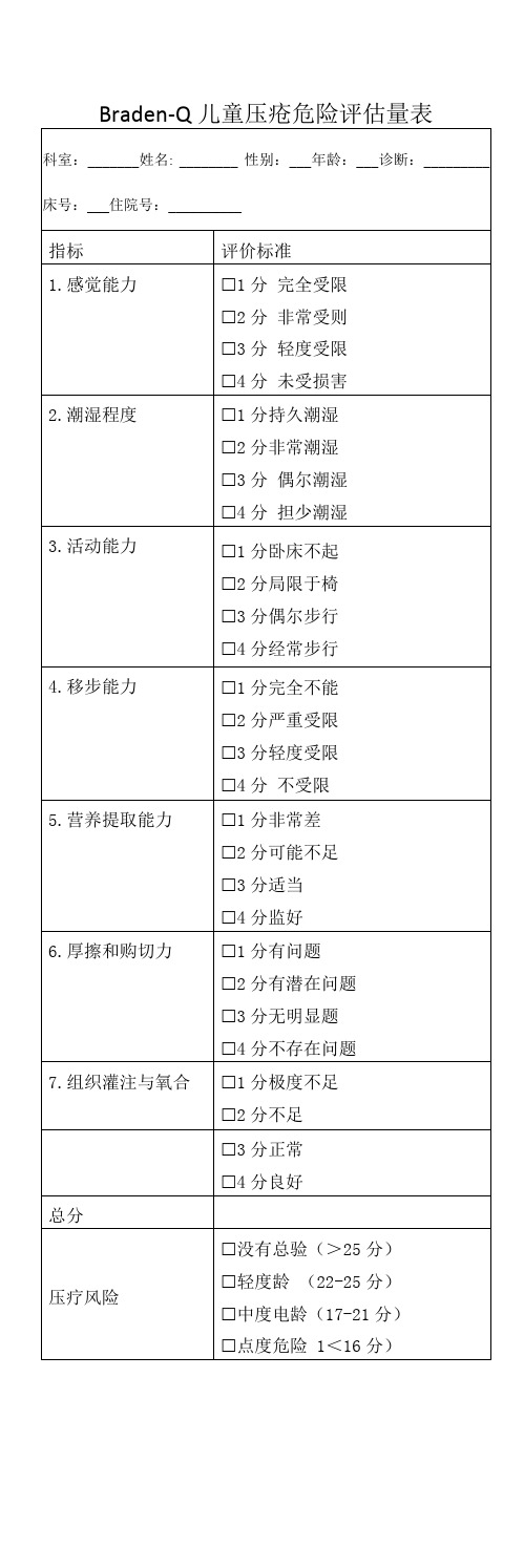 儿童压疮危险评估量表