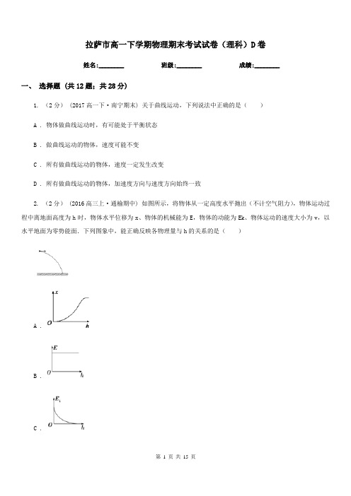 拉萨市高一下学期物理期末考试试卷(理科)D卷