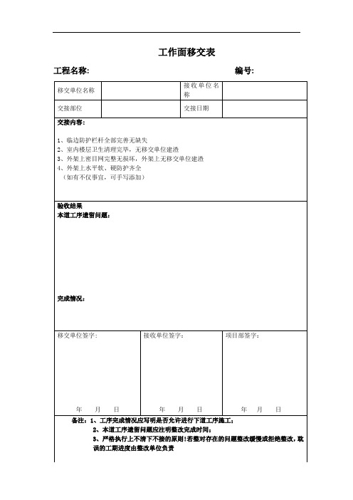 项目施工工作面移交表