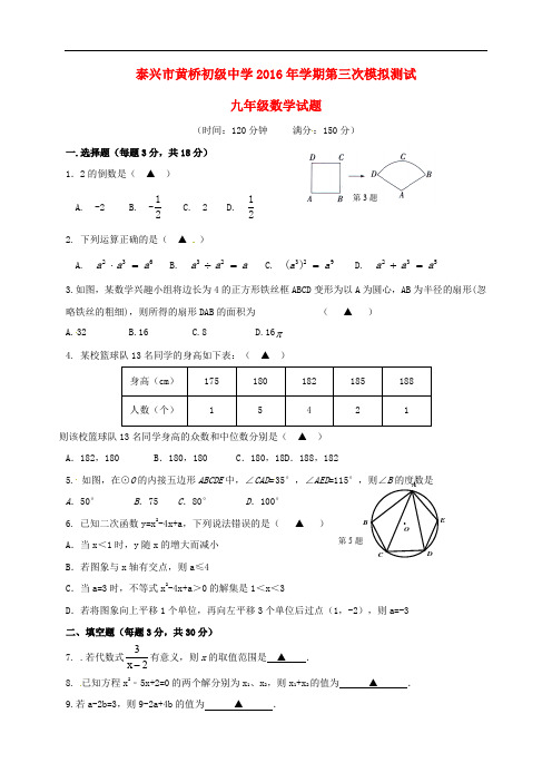 江苏省泰兴市黄桥初级中学九年级数学下学期第三次模拟