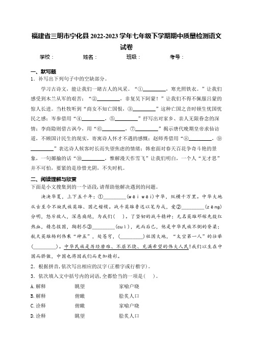 福建省三明市宁化县2022-2023学年七年级下学期期中质量检测语文试卷(含答案)