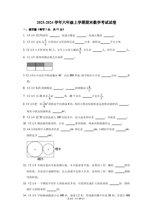 2023-2024学年六年级上期末数学考试试卷及答案解析