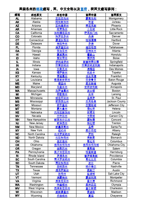 美国洲名缩写及中英文名