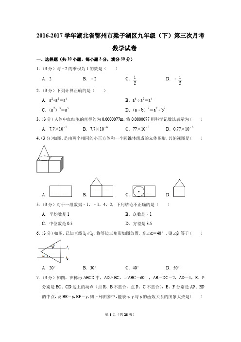 2016-2017年湖北省鄂州市梁子湖区九年级(下)第三次月考数学试卷(解析版)