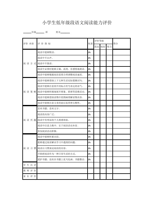 小学生低、中、高年级段语文阅读能力评价