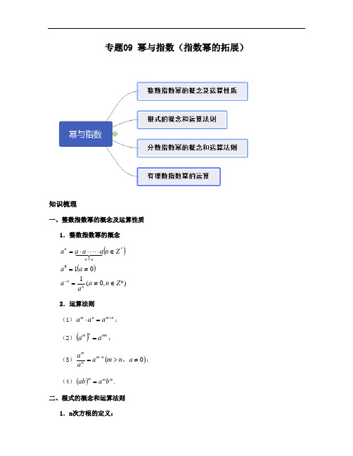 2020年上海新高一新教材数学讲义-专题09 幂与指数(指数幂的拓展)教师版