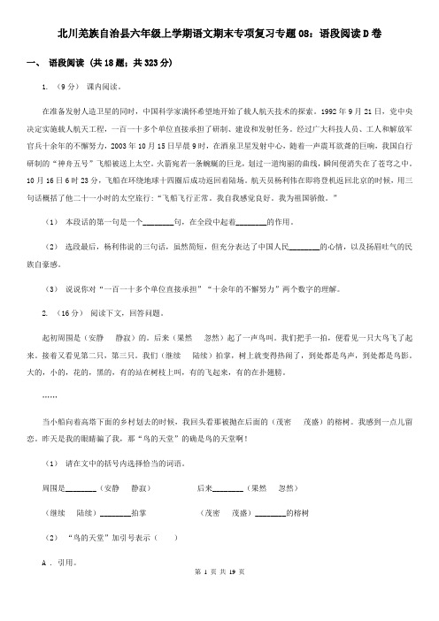 北川羌族自治县六年级上学期语文期末专项复习专题08：语段阅读D卷