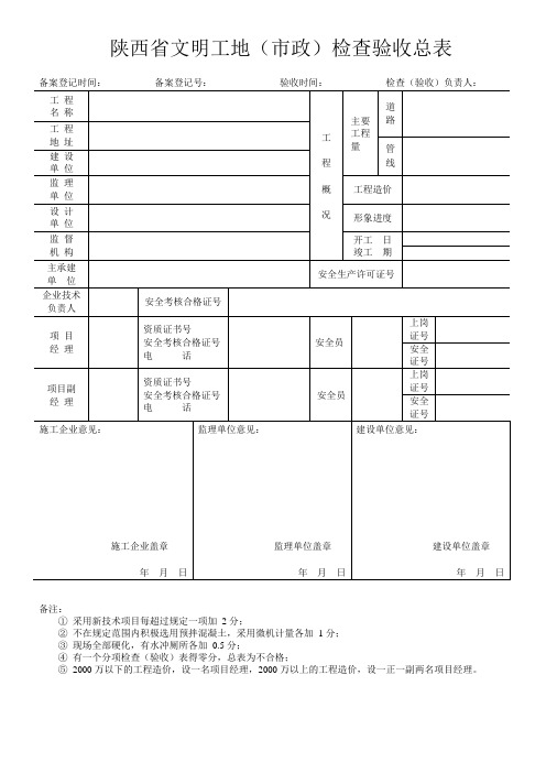 陕西省文明工地(市政)检查验收总表格