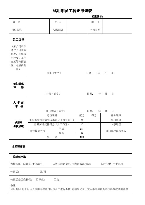 试用期转正申请考核表