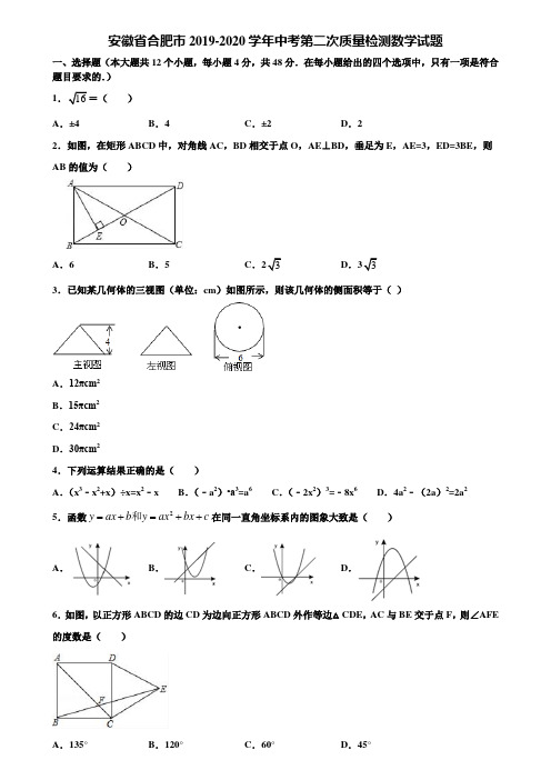 安徽省合肥市2019-2020学年中考第二次质量检测数学试题含解析