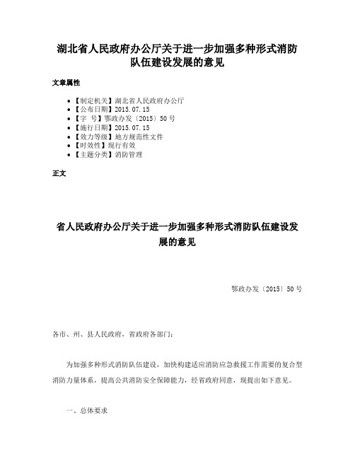 湖北省人民政府办公厅关于进一步加强多种形式消防队伍建设发展的意见