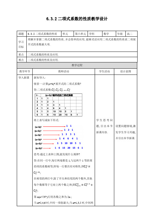 人教版高中数学选修三6.3.2  二项式系数的性质教学设计