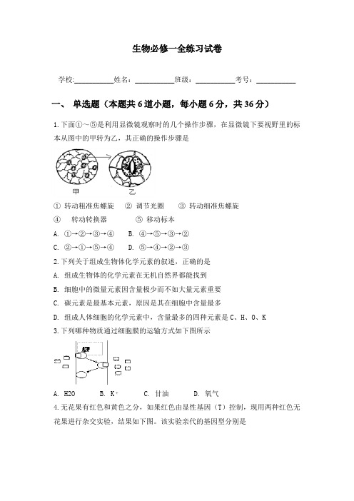 高中生物人教版必修一全册练习题期末复习试卷(含答题卡、答案、详解)