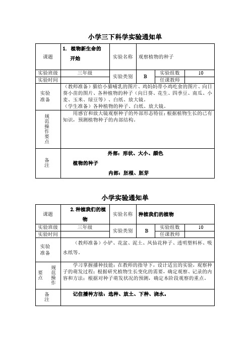 三年级下册科学实验通知单(自己整理的,用于网上开实验通知单)