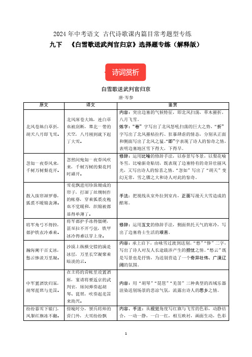 九下《白雪歌送武判官归京》选择题专练-冲刺2024年中考语文古代诗歌课内篇目常考题型专练(解析版)