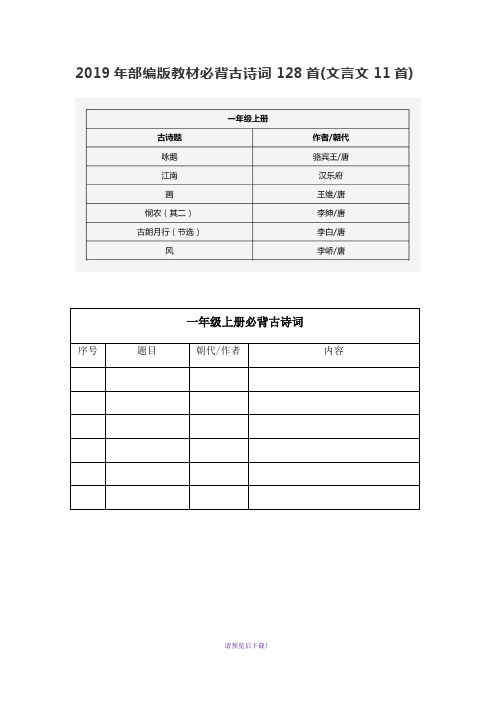 2019年部编版教材必背古诗词128首(文言文11首)