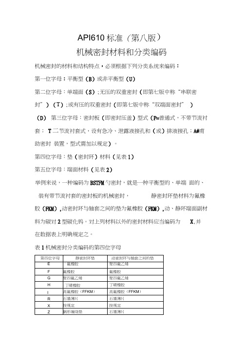 API610机械密封材料和分类编码标准