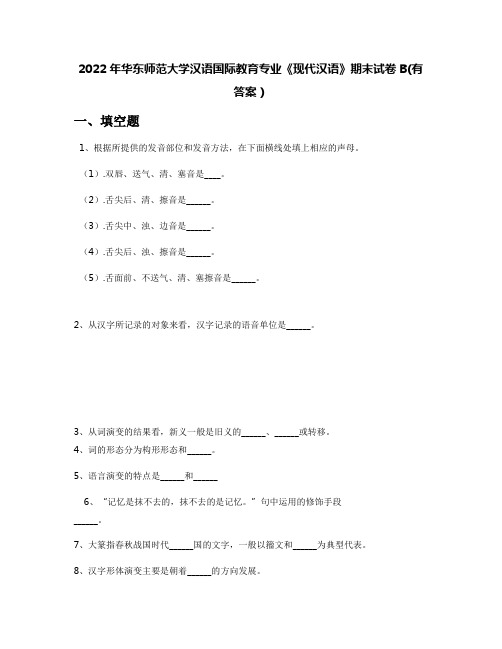 2022年华东师范大学汉语国际教育专业《现代汉语》期末试卷B(有答案)