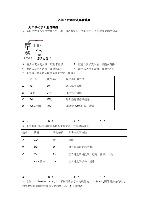 化学初三化学上册期末试题和答案