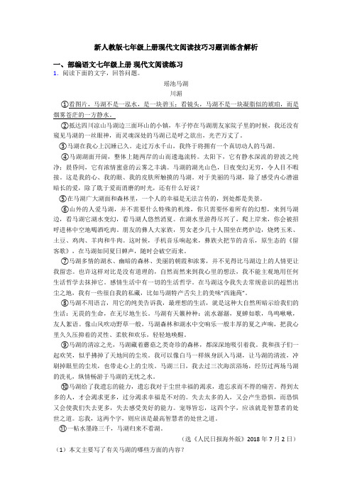 新人教版七年级上册现代文阅读技巧习题训练含解析