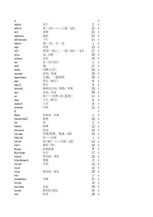 小学四年级英语全部单词冀教版