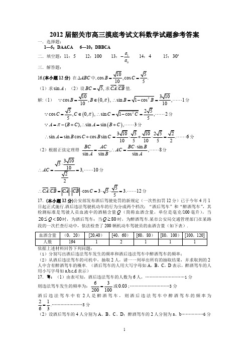 2012届韶关市高三摸底考试文科数学试题参考答案