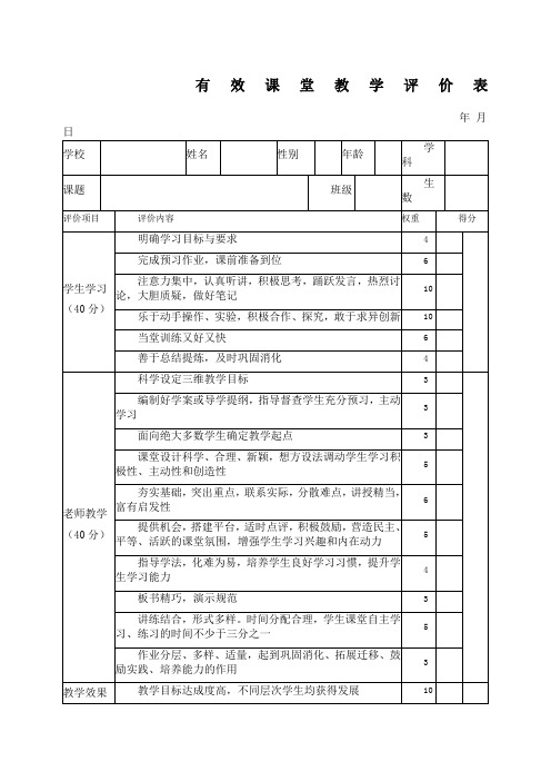 有效课堂教学评价表