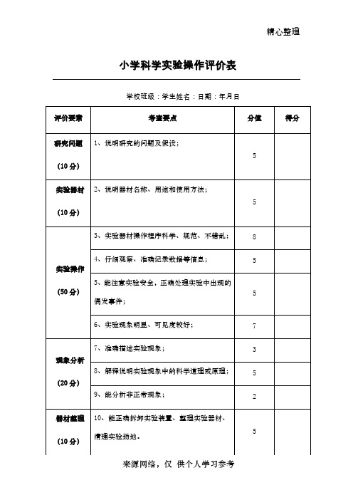 小学科学实验操作评价表