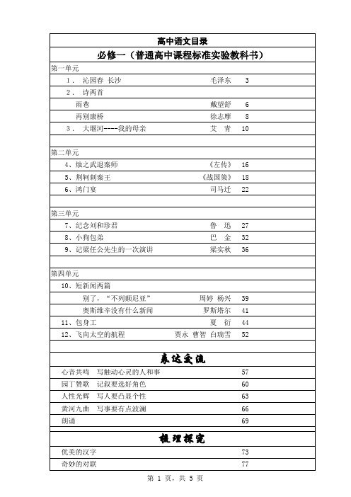 湖南高中人教版语文必修1-4课程目录