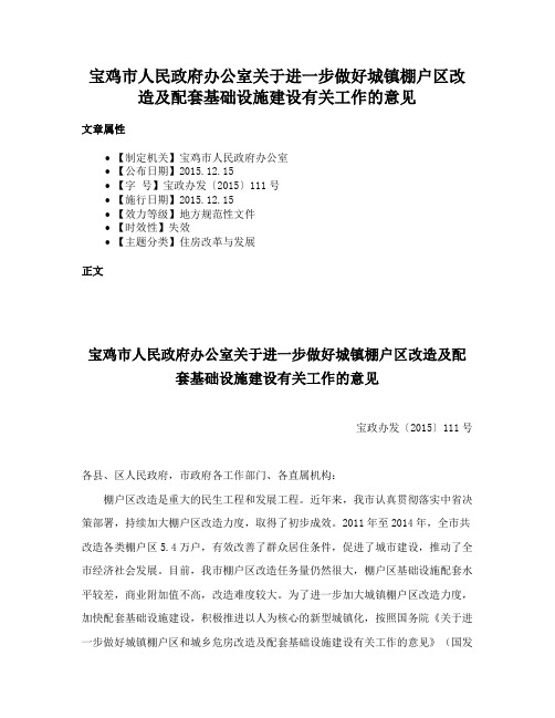 宝鸡市人民政府办公室关于进一步做好城镇棚户区改造及配套基础设施建设有关工作的意见