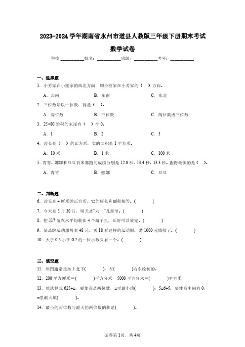 2023-2024学年湖南省永州市道县人教版三年级下册期末考试数学试卷(含答案解析)