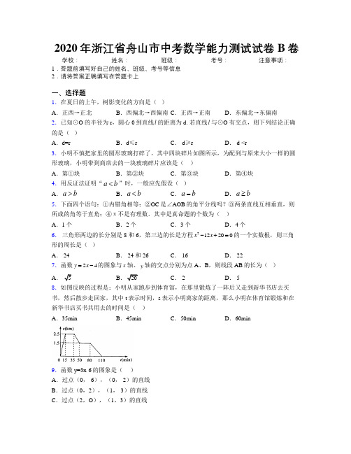 2020年浙江省舟山市中考数学能力测试试卷B卷附解析