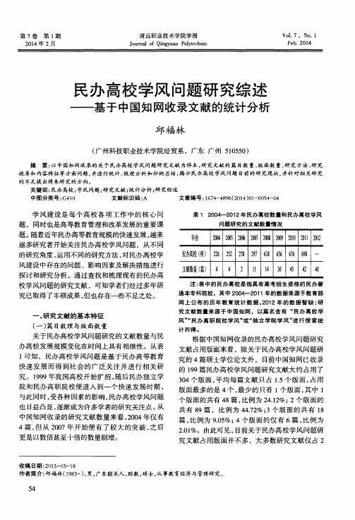 民办高校学风问题研究综述——基于中国知网收录文献的统计分析