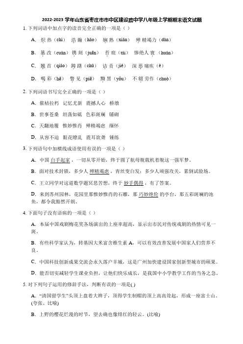 2022-2023学年山东省枣庄市市中区建设路中学八年级上学期期末语文试题